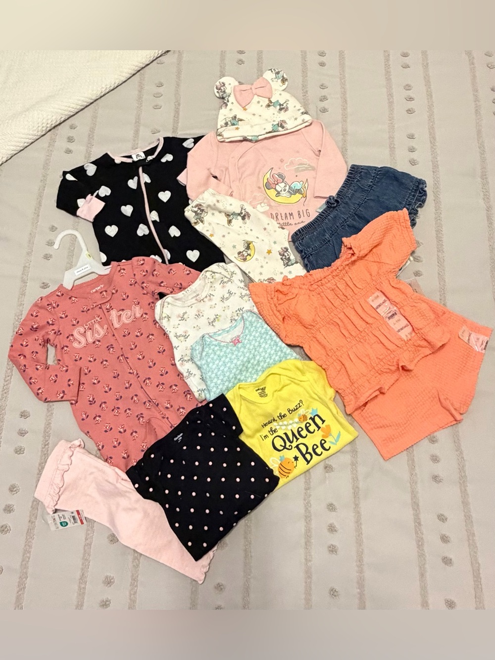 Girls Mixed Baby Clothing Lot with Hearts, Coral Ruffle Top & Bee Tee